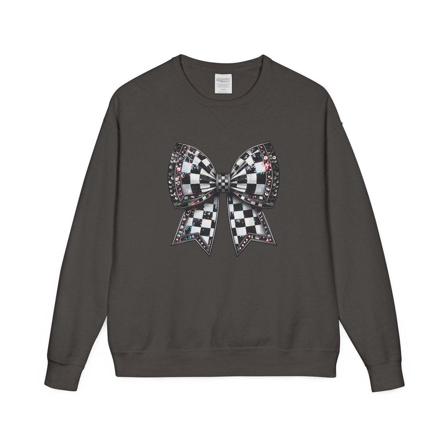 Checkered Bow Sweatshirt - Cozy Crewneck, Gift for Her, Racing Fan Apparel, Casual Style