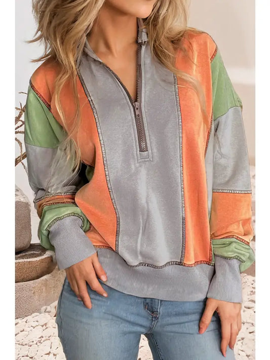 Color Block Stitching Detail Half Zipper Sweatshirt