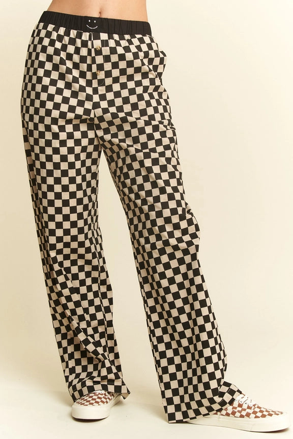 Straight Leg Checkerd Pants w/ Elastic Waistband