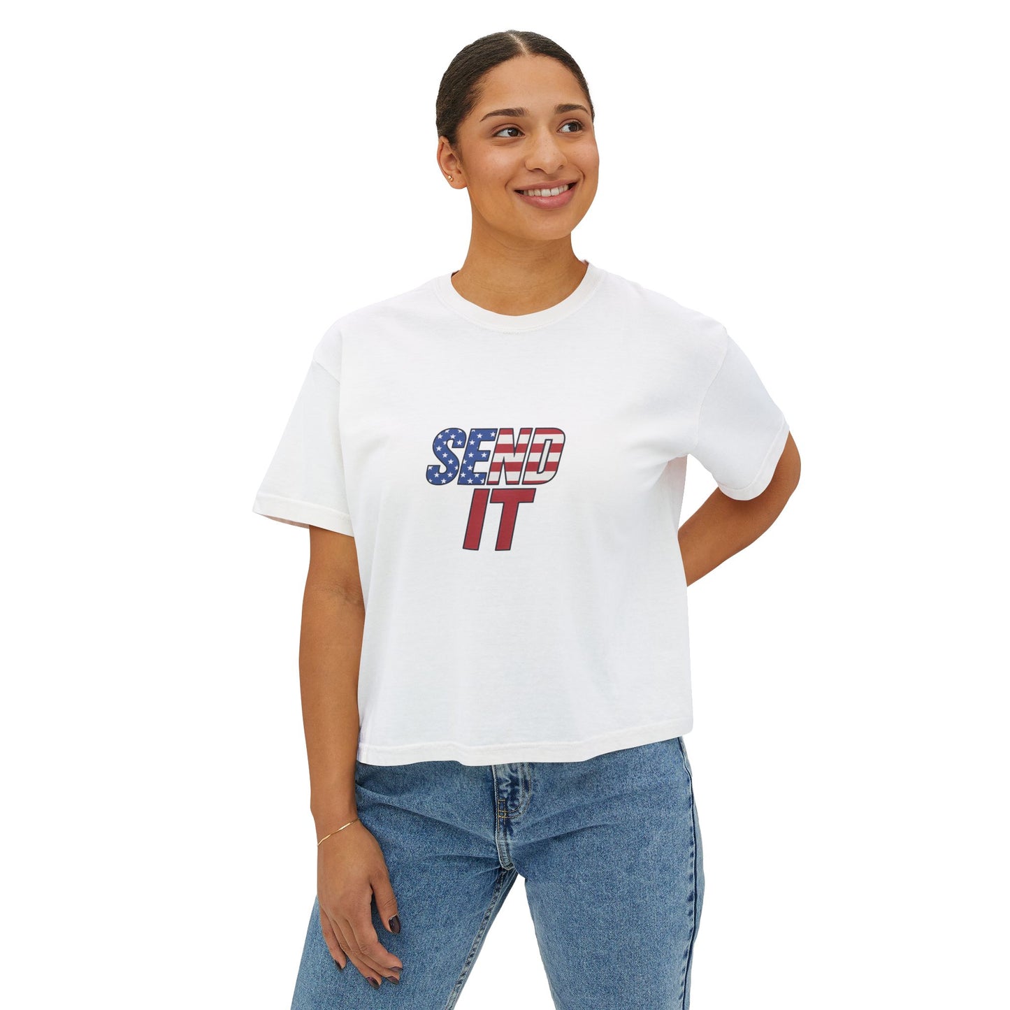 Patriotic Women's Boxy Tee, Casual Graphic T-Shirt, Comfortable Summer Top