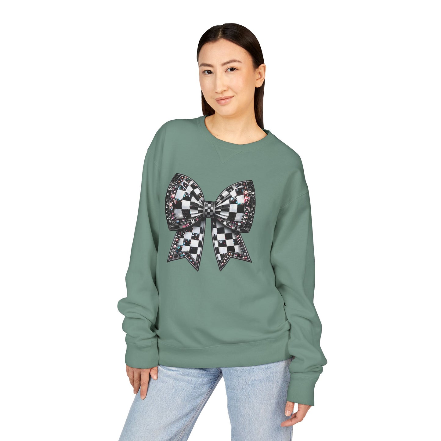 Checkered Bow Sweatshirt - Cozy Crewneck, Gift for Her, Racing Fan Apparel, Casual Style