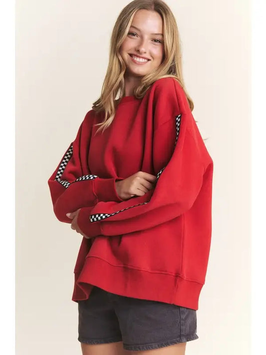 Round Neck Long Checkerboard Sleeve Sweatshirt