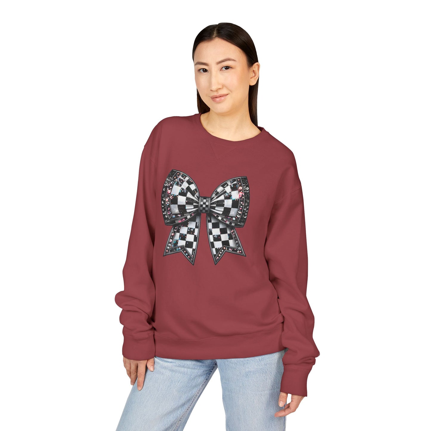 Checkered Bow Sweatshirt - Cozy Crewneck, Gift for Her, Racing Fan Apparel, Casual Style