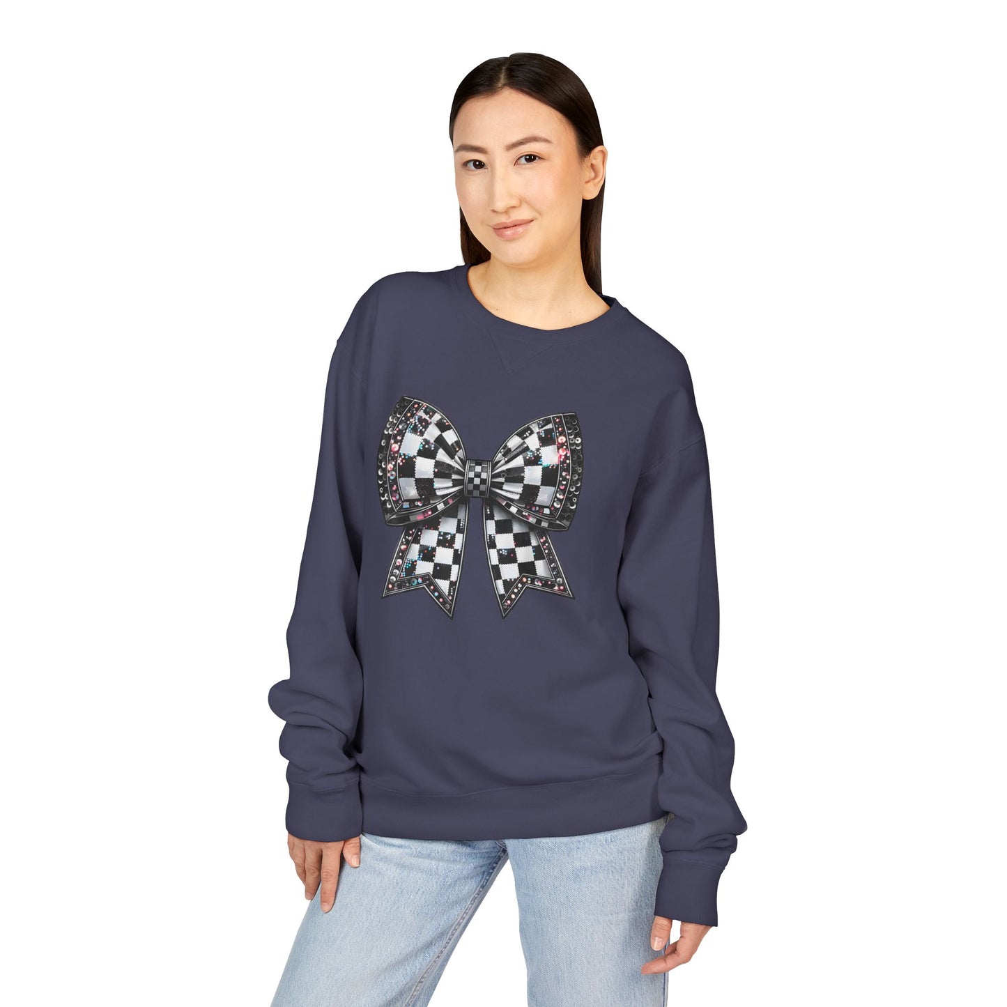 Checkered Bow Sweatshirt - Cozy Crewneck, Gift for Her, Racing Fan Apparel, Casual Style