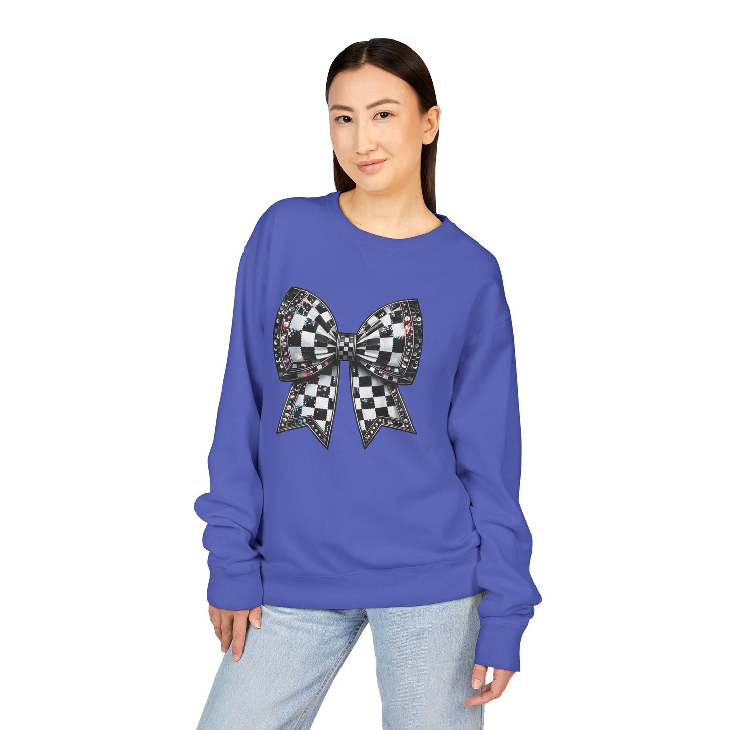 Checkered Bow Sweatshirt - Cozy Crewneck, Gift for Her, Racing Fan Apparel, Casual Style