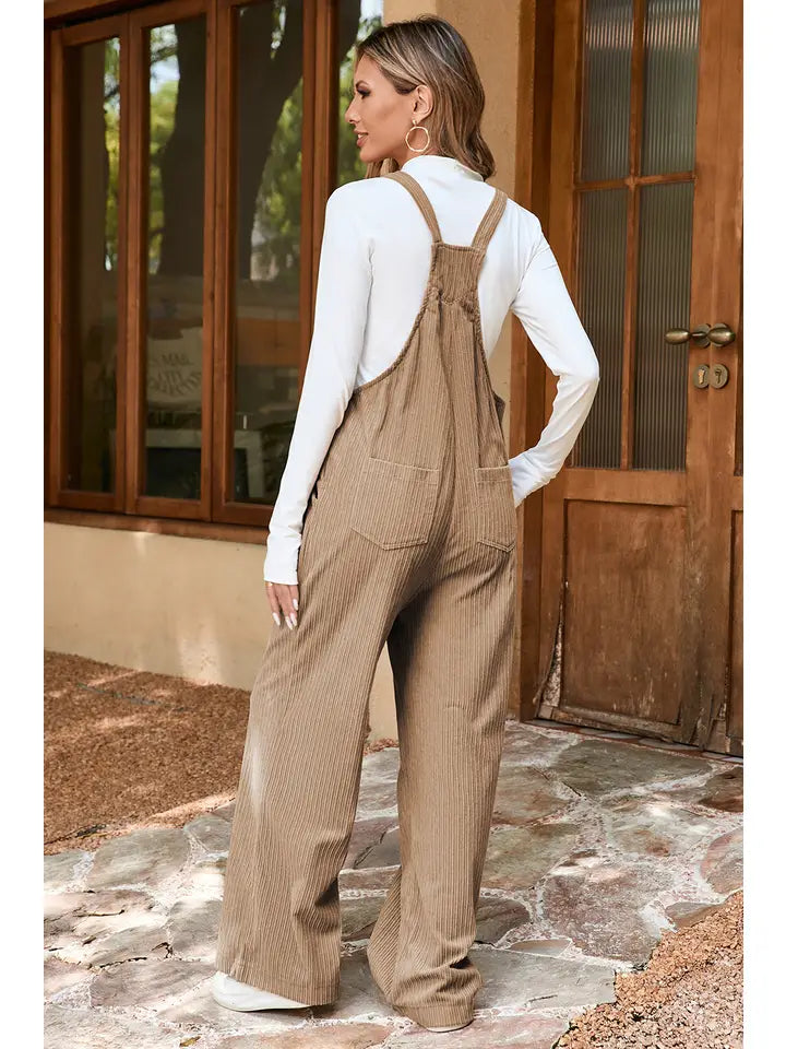 Solid Pocketed Loose Fit Corduroy Overall