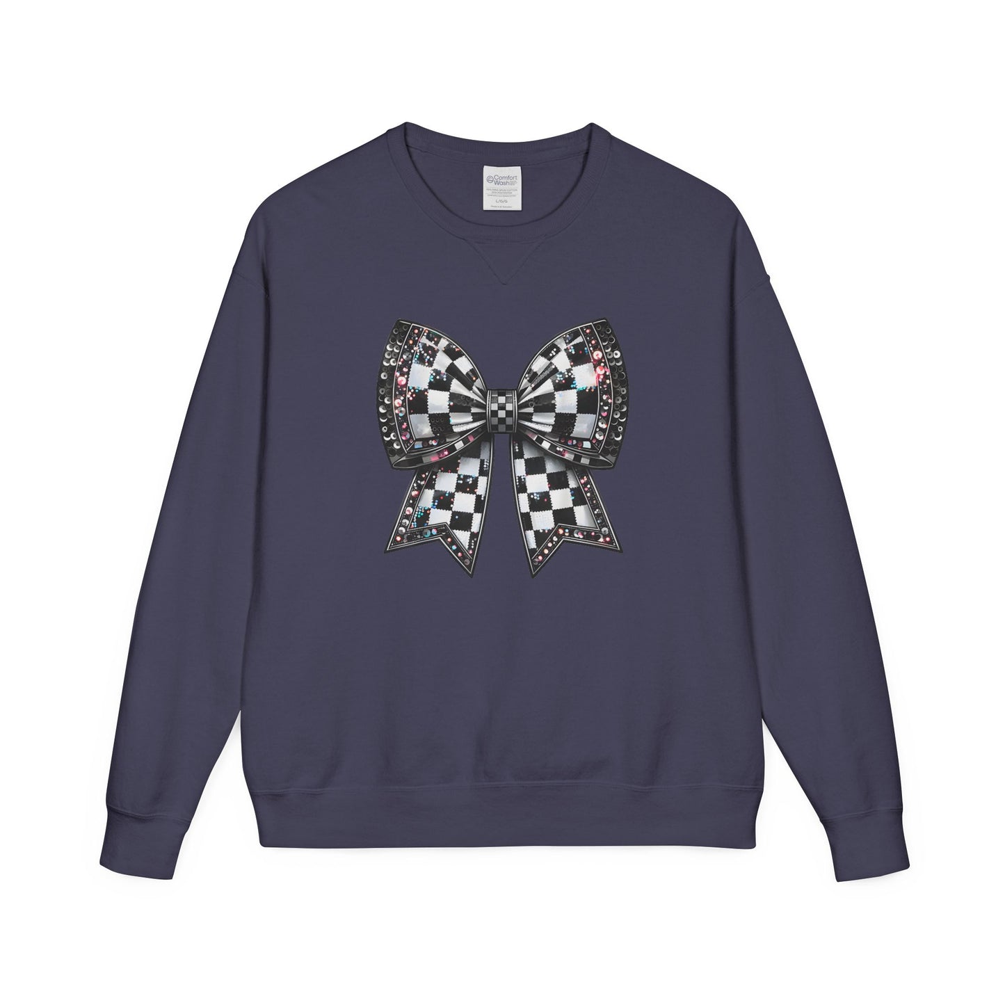 Checkered Bow Sweatshirt - Cozy Crewneck, Gift for Her, Racing Fan Apparel, Casual Style