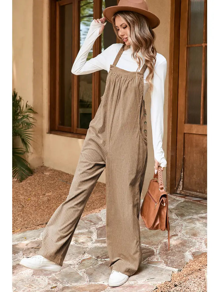 Solid Pocketed Loose Fit Corduroy Overall