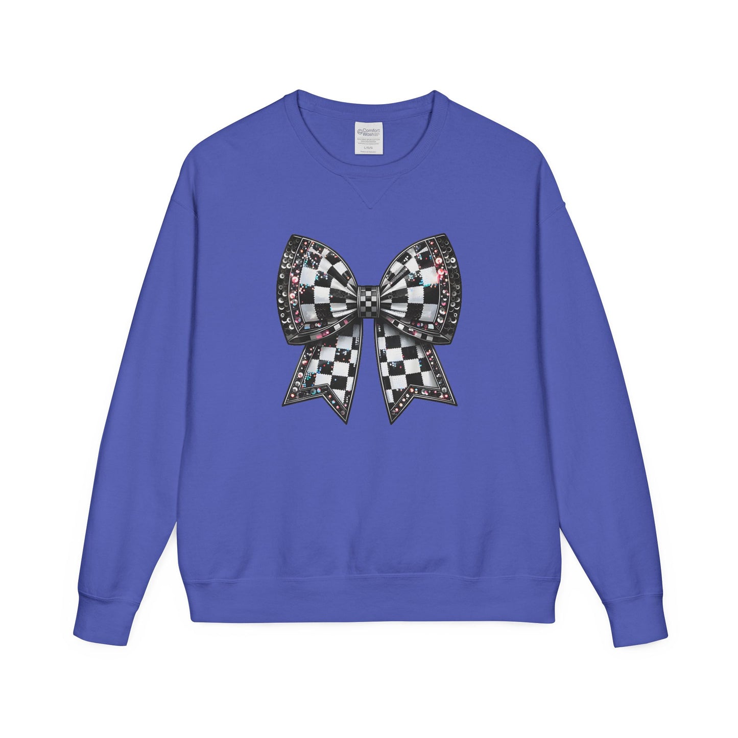 Checkered Bow Sweatshirt - Cozy Crewneck, Gift for Her, Racing Fan Apparel, Casual Style