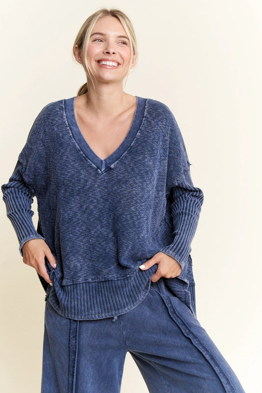 Mineralwash Deep Vneck Melange Sweater Top