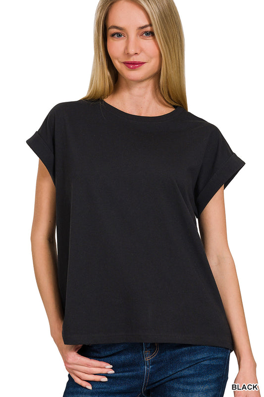 Round neck folded short sleeve t-shirt