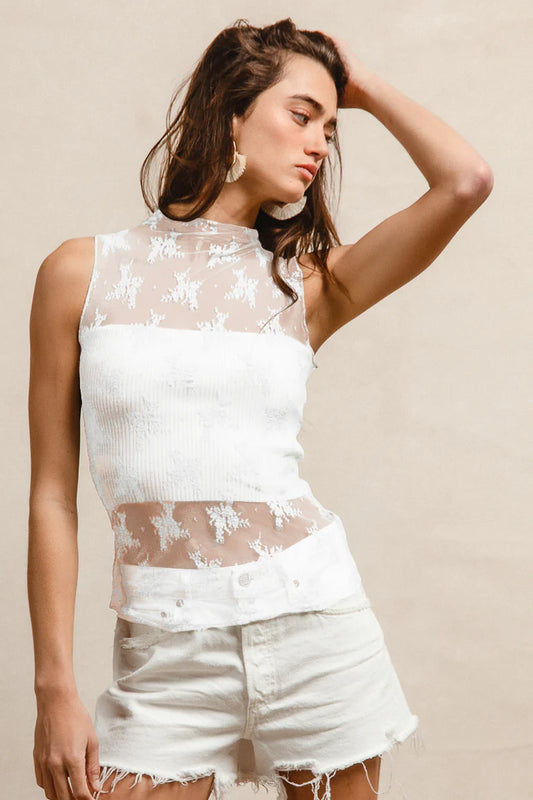 HIGH NECKLINE MESH LACE SLEEVELESS TOP
