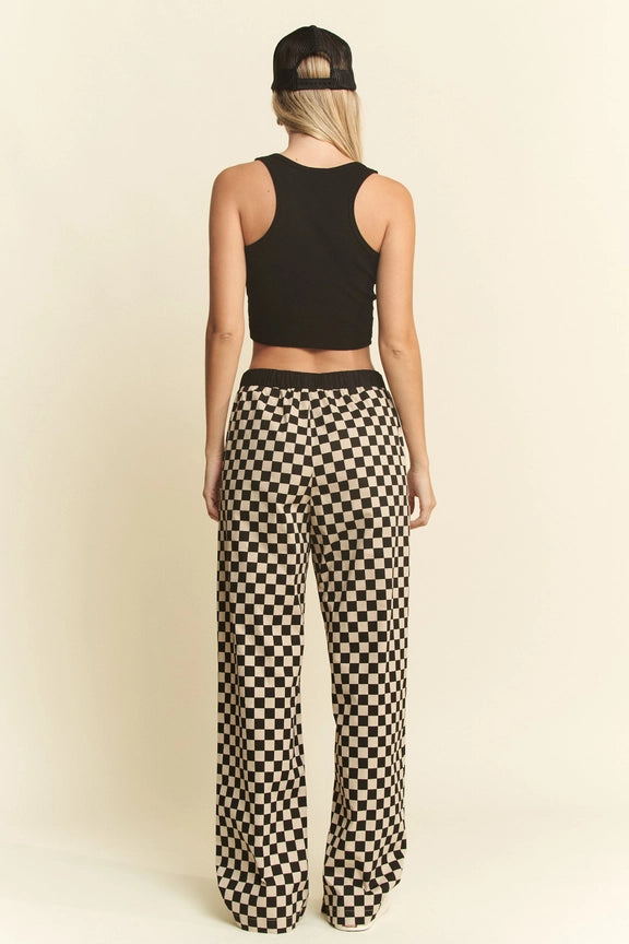 Straight Leg Checkerd Pants w/ Elastic Waistband