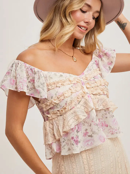 Floral Print Ruffle Lace Trimmed Sweetheart Neck Top
