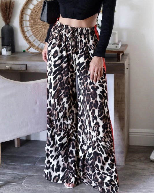 Leopard Print Red Striped Wide-Leg Trousers