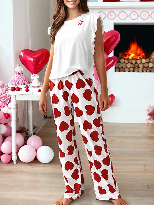 Heart Print Ruffle Sleeveless Top and Pants Valentines Set