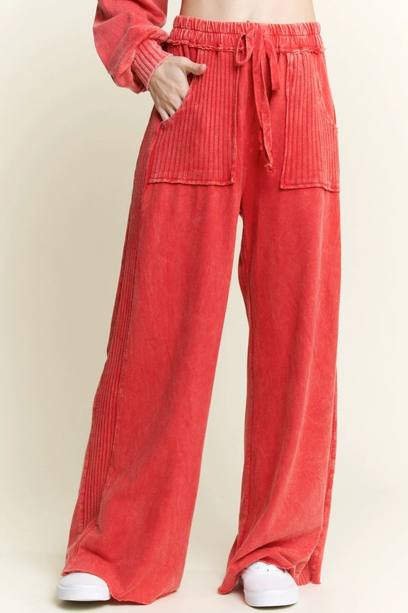 Mineral Wash Side Knit Detail Wide Leg Pants