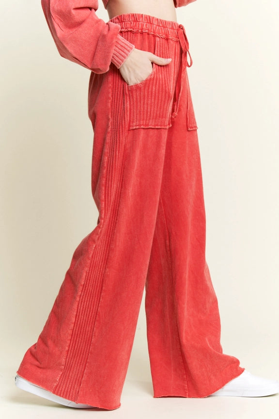 Mineral Wash Side Knit Detail Wide Leg Pants