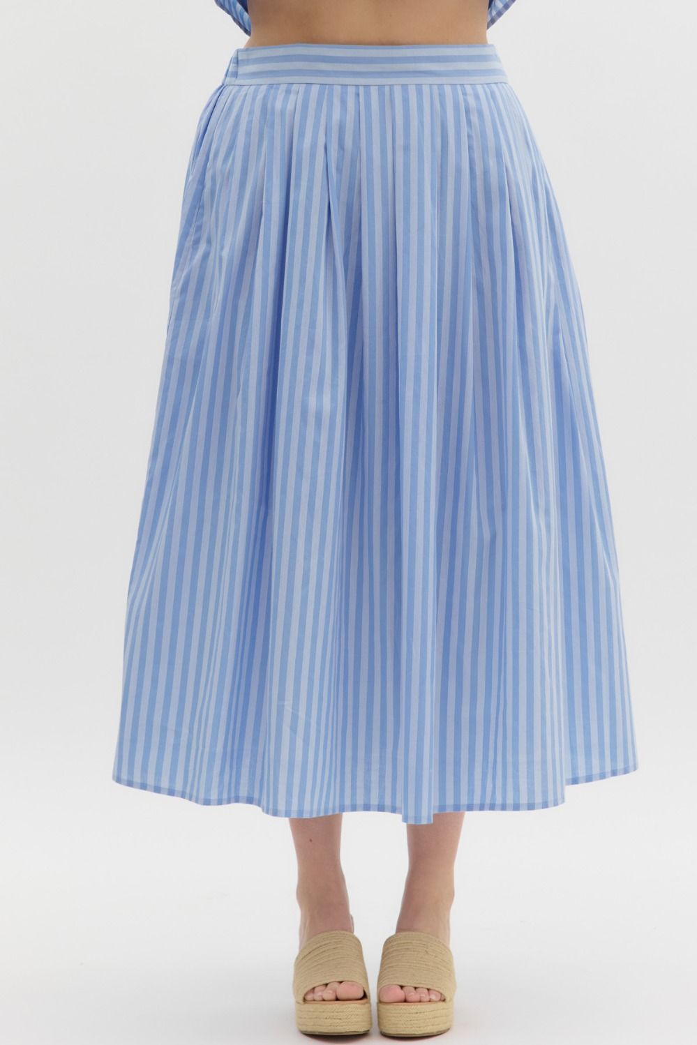 Stripe pattern high waist pleated midi skirt