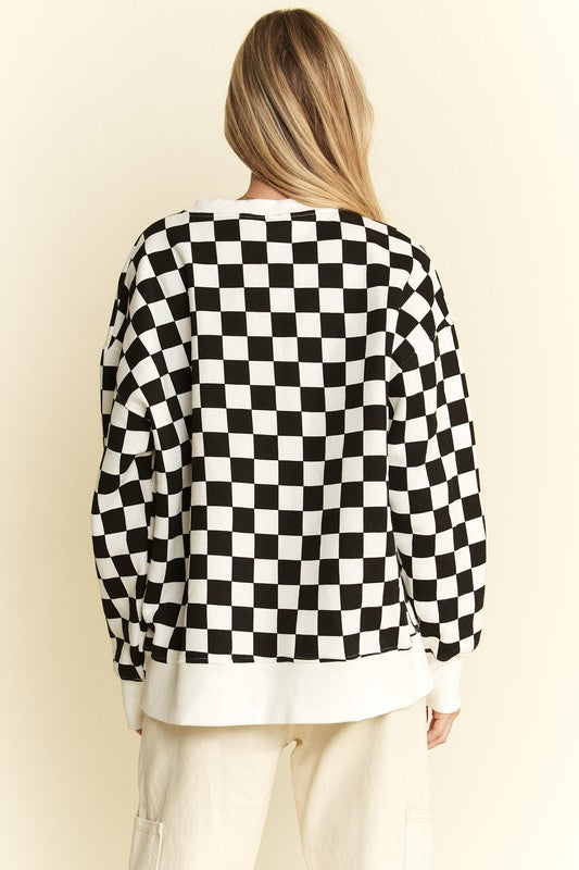 Plus Size Long Sleeve Checkered Print Sweatshirt