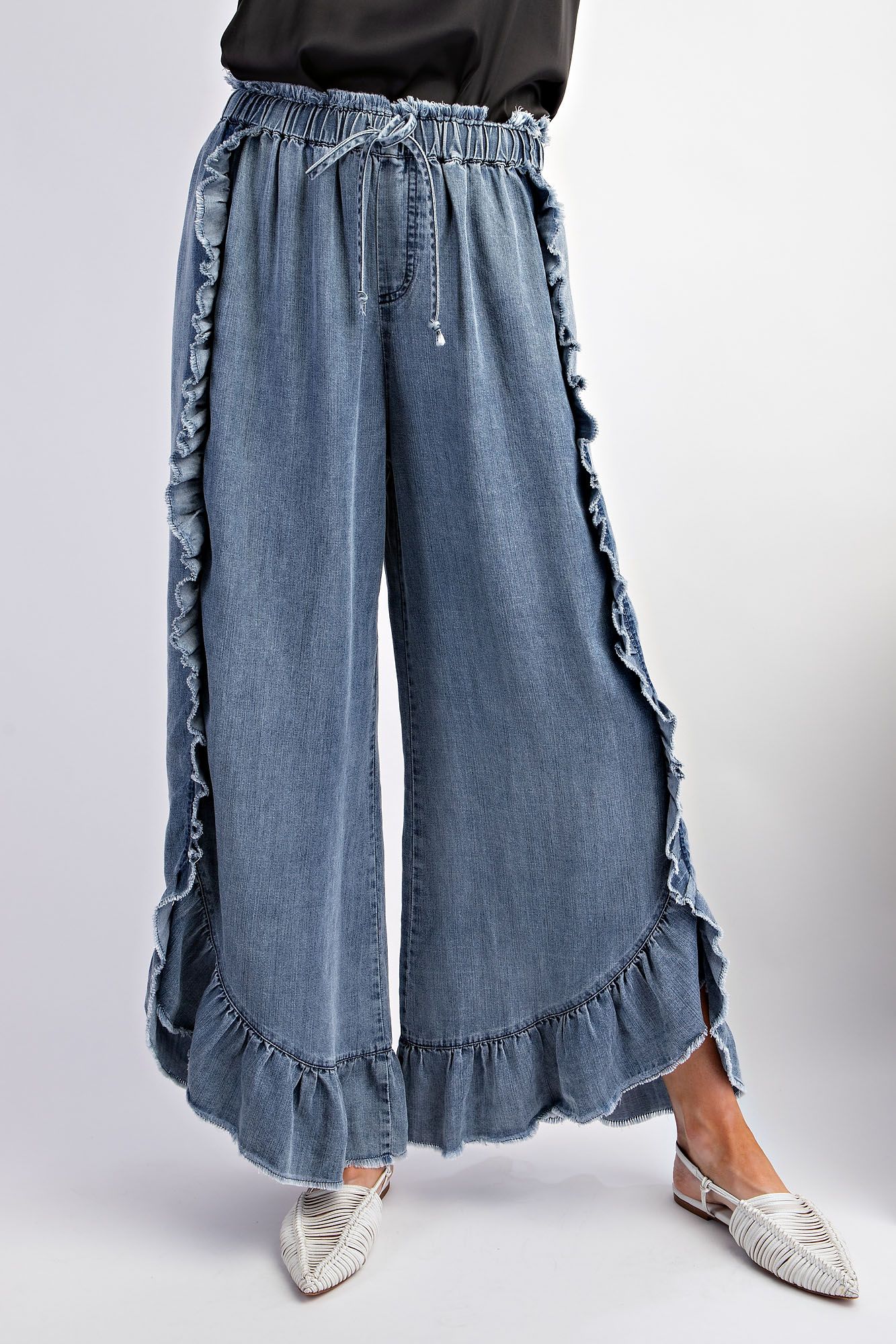 Washed Ruffle Chambray Pants