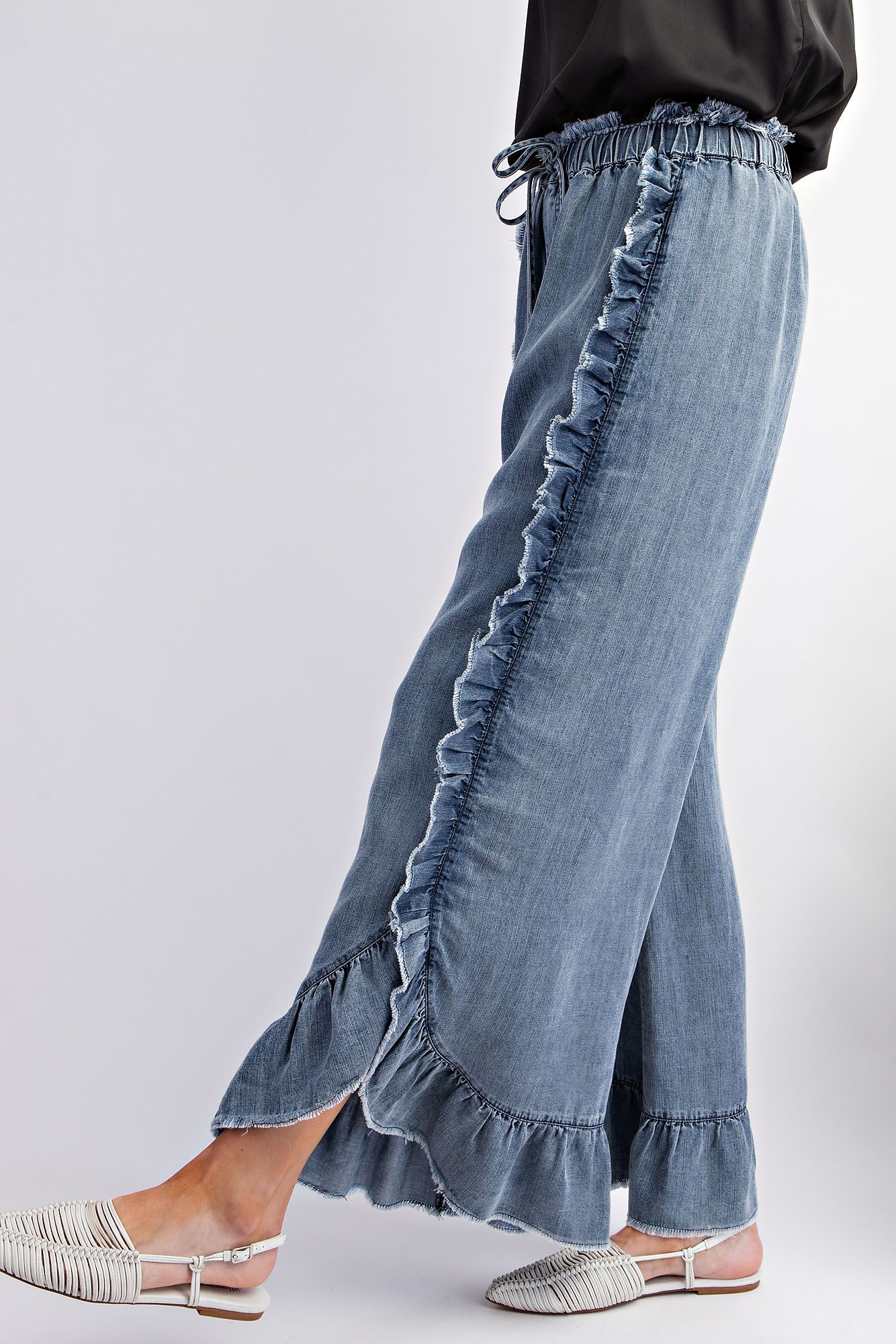 Washed Ruffle Chambray Pants