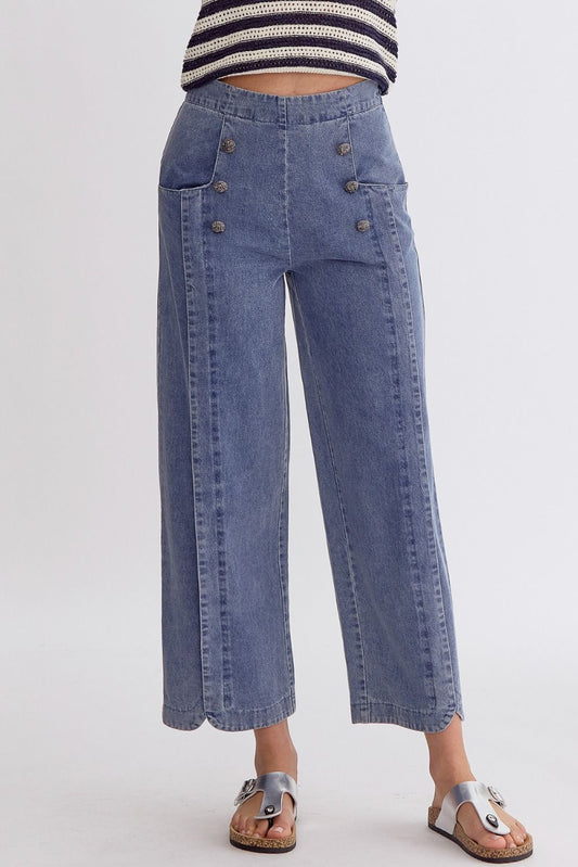 Cropped Wide Leg Denim Pants with Sailor Buttons