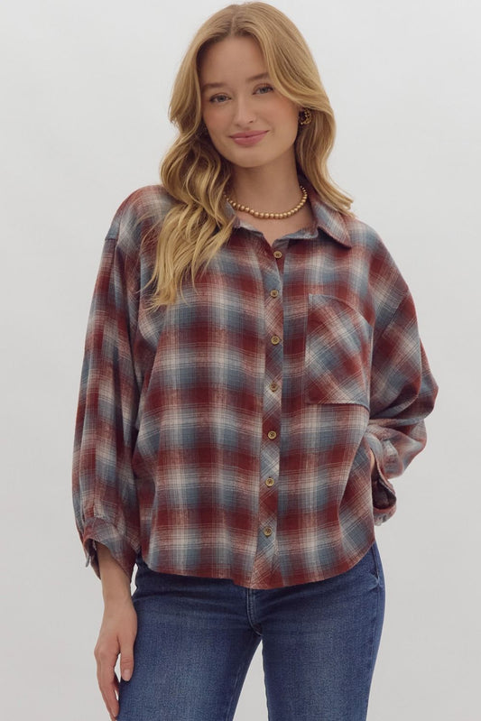 Plaid print 3/4 sleeve button down top