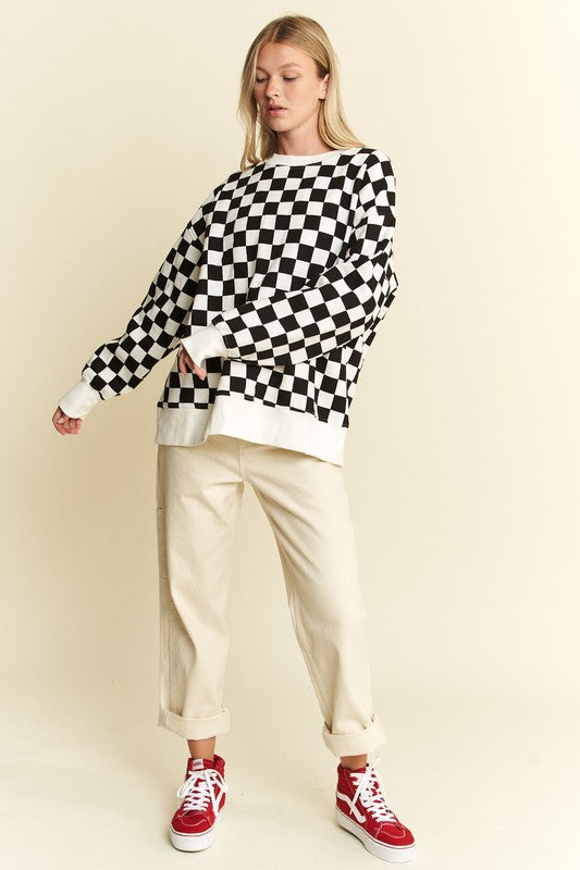 Plus Size Long Sleeve Checkered Print Sweatshirt