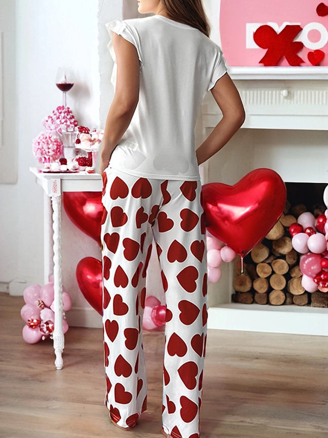 Heart Print Ruffle Sleeveless Top and Pants Valentines Set