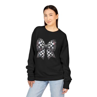 Checkered Bow Sweatshirt - Cozy Crewneck, Gift for Her, Racing Fan Apparel, Casual Style