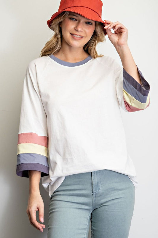 SO CASUAL AND COOL IN THIS COLOR BLOCK 3/4 SLEEVES COTTON SPAN TEE
