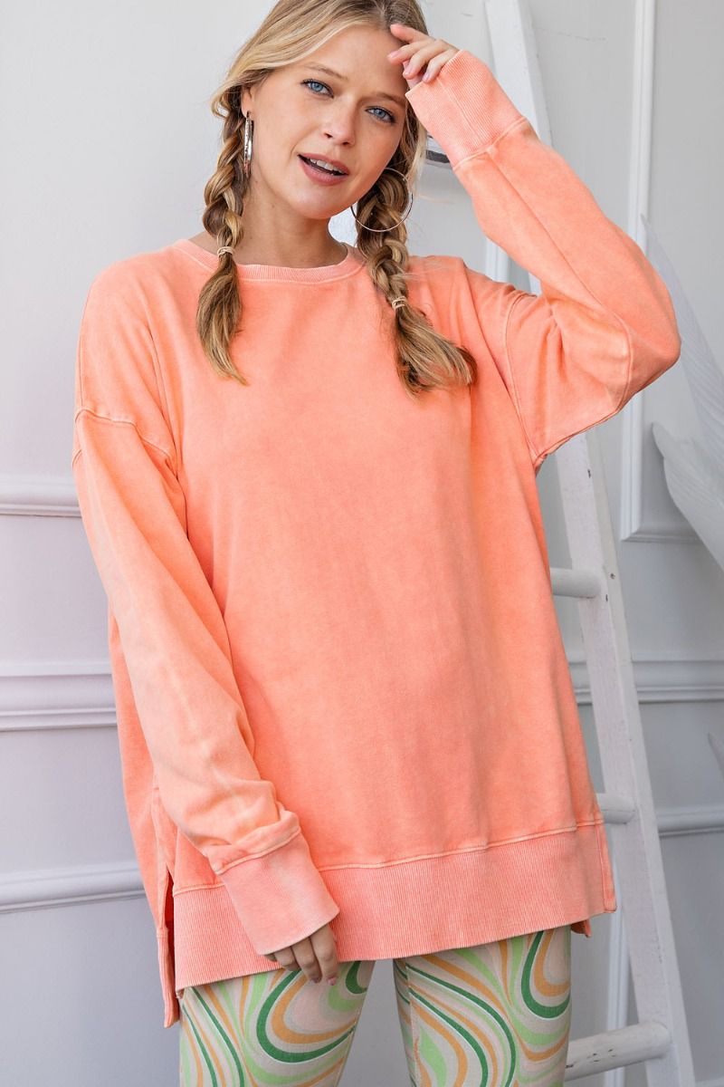 LONG SLEEVE OIL WASHED FRENCH TERRY KNIT PULLOVER TOP